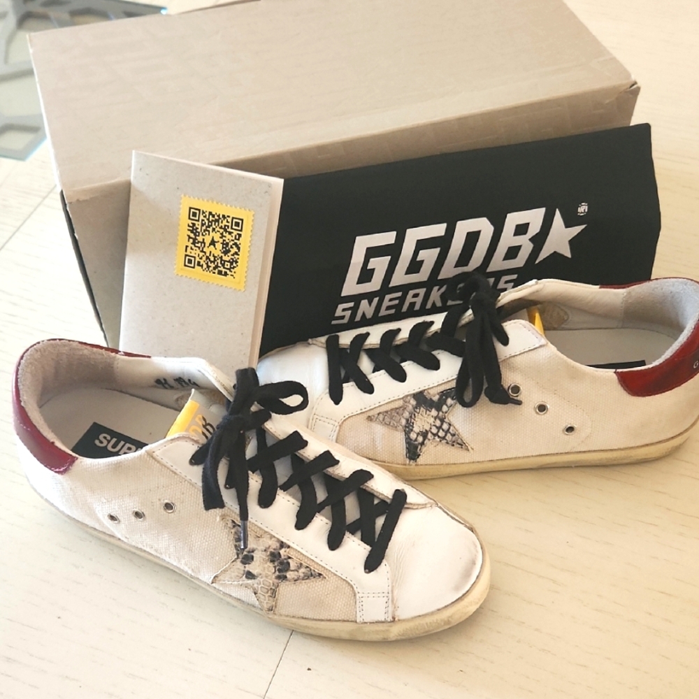 Golden Goose White and Red Sneakers